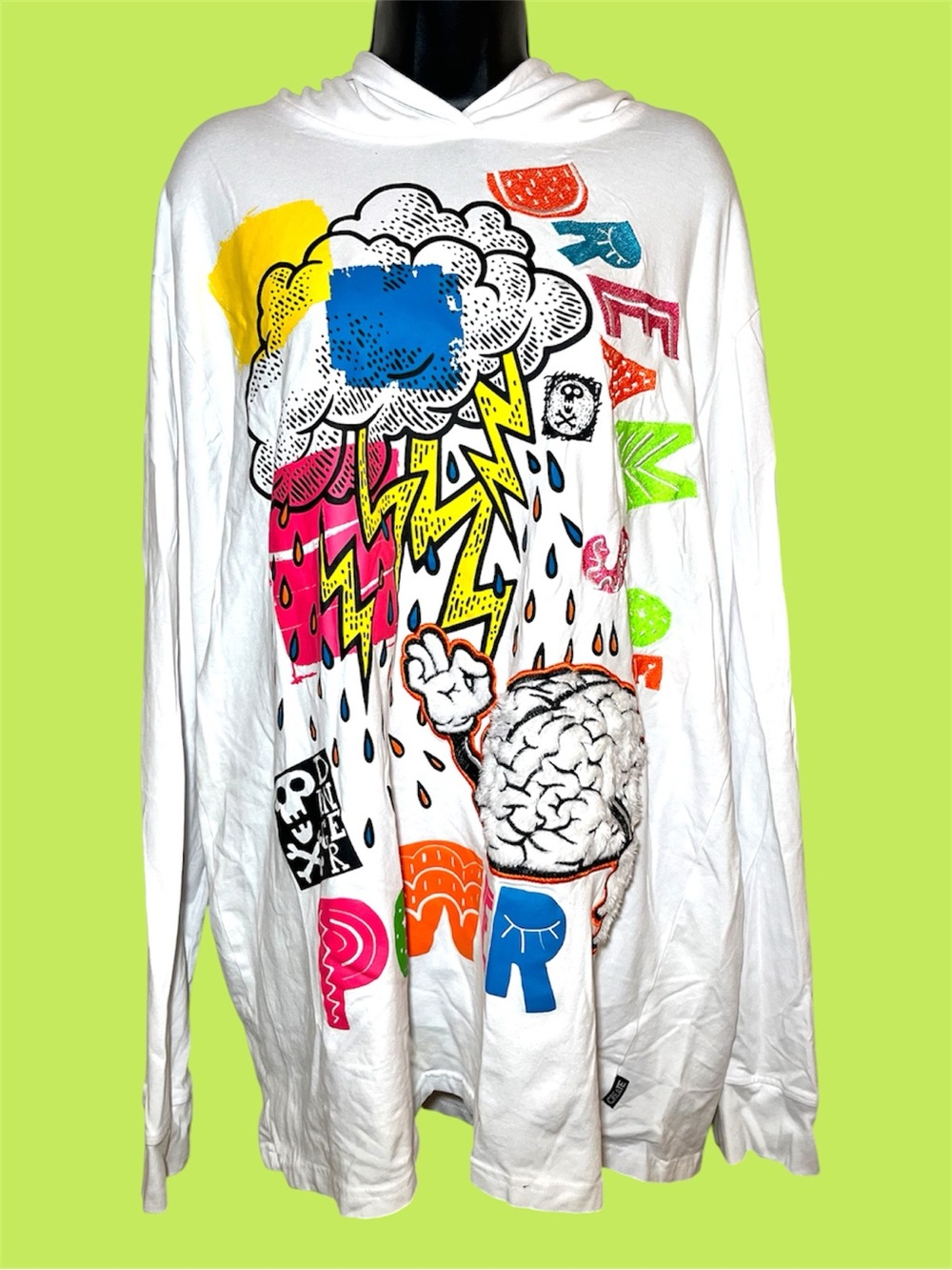 C2 Create 2MRW Neon Graphic White Long Sleeve Hooded Tee Shirt